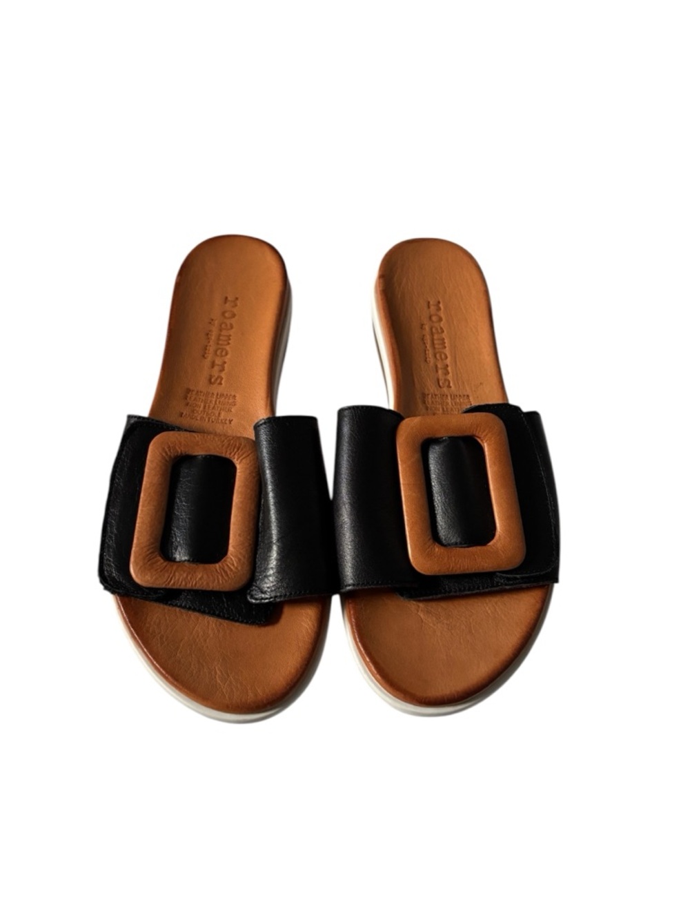 Roamers Gia Black and Tan Leather Slide Sandals‎ with Buckle Detail - Women